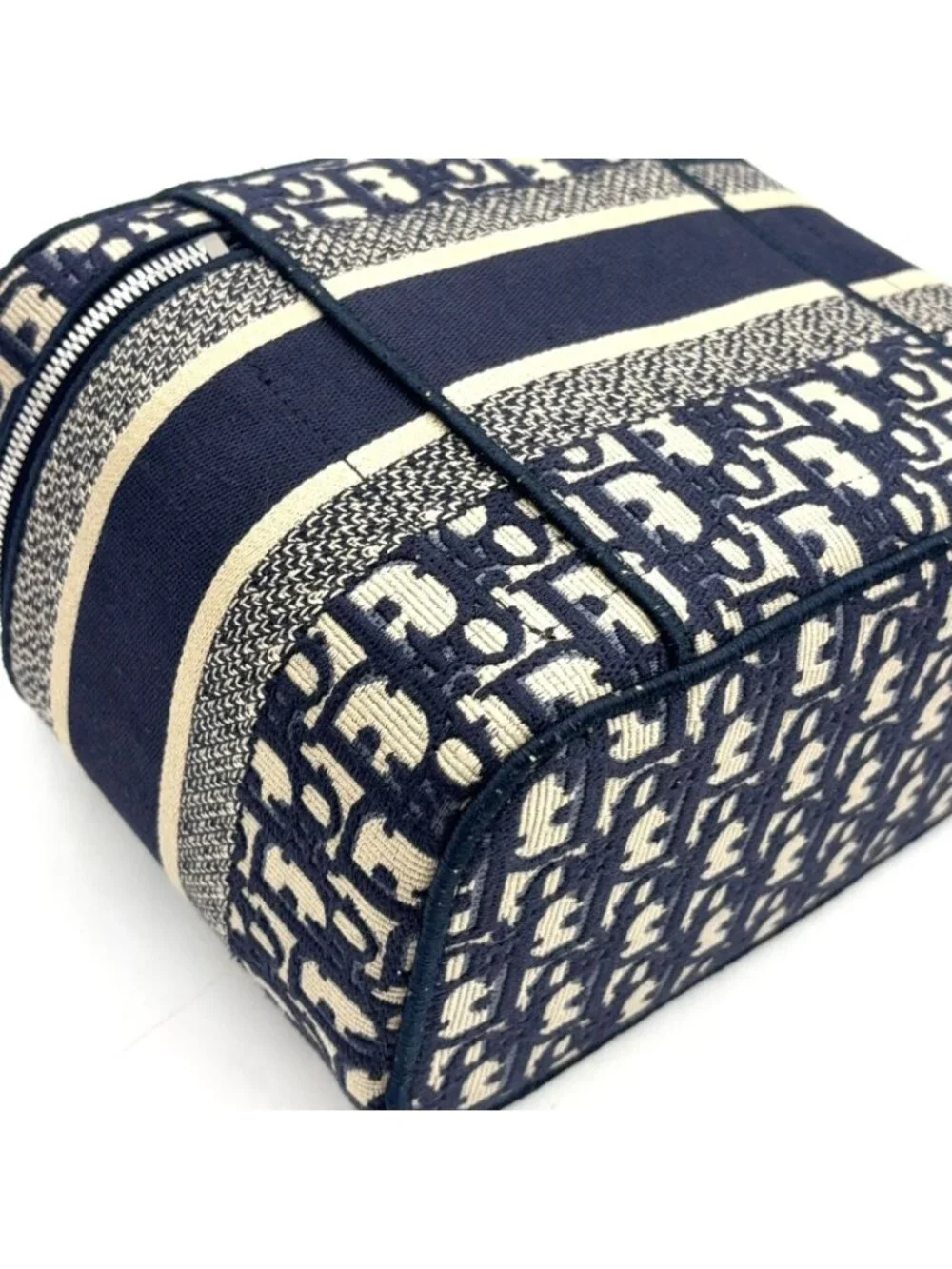 Dior Travel Vanity Cotton Off White Navy Handbag Silver